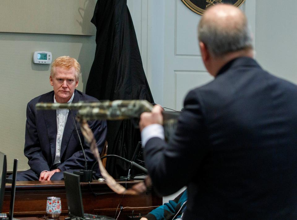 Defense attorney Jim Griffin asks Alex Murdaugh if he killed his wife Maggie Murdaugh and son Paul Murdaugh with the 12-gauge shotgun that is in evidence in Murdaugh’s murder trial at the Colleton County Courthouse in Walterboro, Thursday, Feb. 23, 2023.  