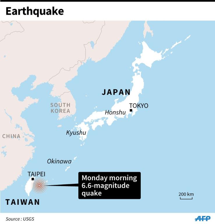 Map locating the epicenter of a 6.6-magnitude quake that hit the southwest edge of Japan's Okinawa province, near the coast of Taiwan on April 20, 2015