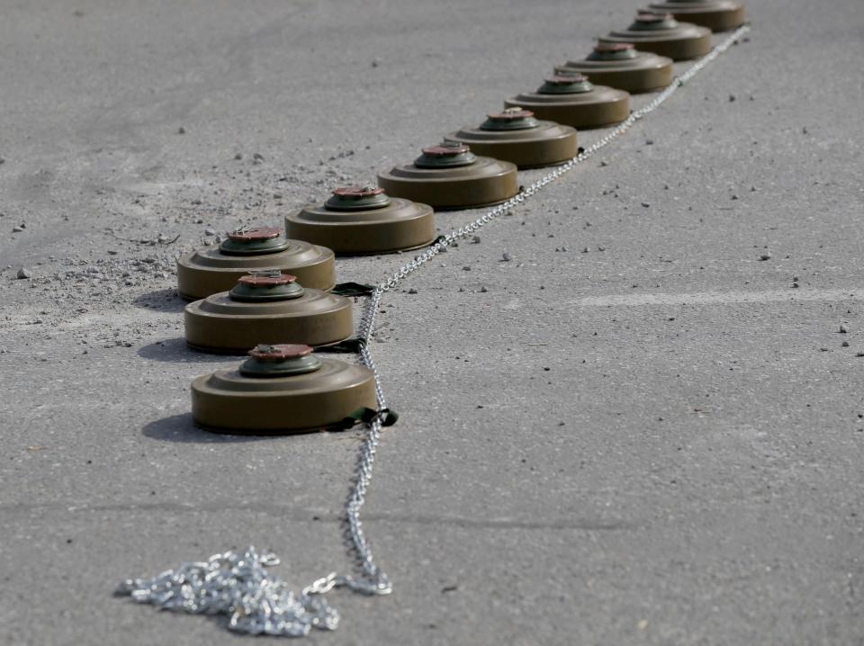 Mines are lined up at a roadblock, Kyiv, capital of Ukraine.