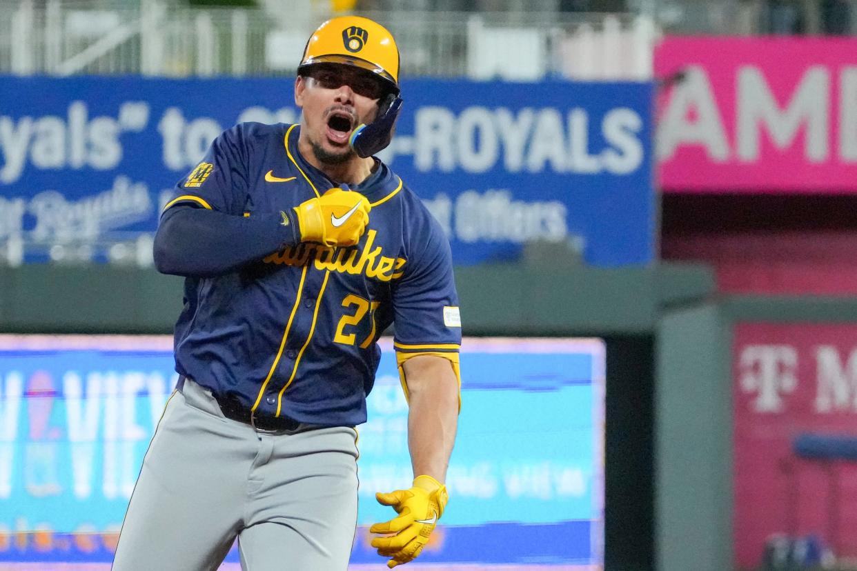 May 5, 2024; Kansas City, Missouri, USA; Milwaukee Brewers shortstop Willy Adames (27) celebrates while running the bases against the Kansas City Royals after hitting a three run home run in the ninth inning at Kauffman Stadium. Mandatory Credit: Denny Medley-USA TODAY Sports