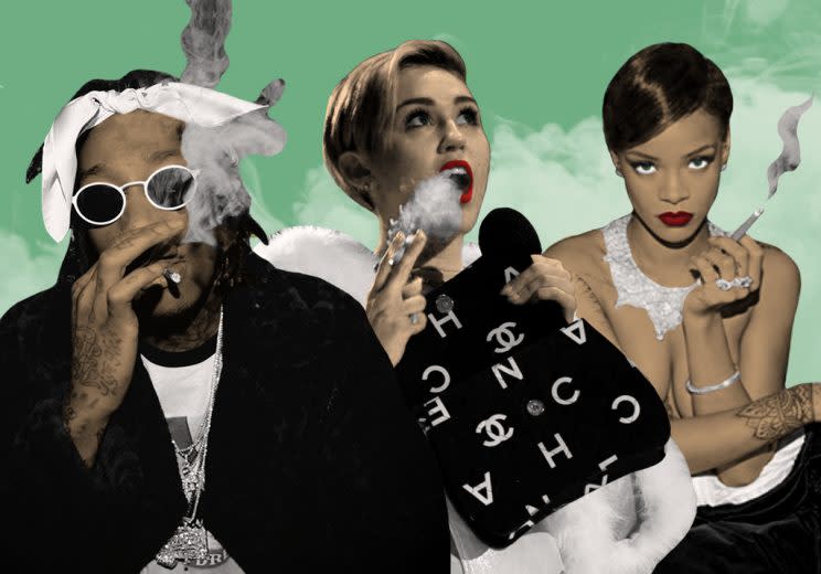 Wiz Khalifa, MileyCyrus, and Rihanna are vocal about their support for weed. (Illustration: Instagram/FilmMagic/Danny Miller/Yahoo Celebrity)