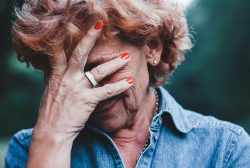 <span class="caption">People who worried or ruminated more often had biological markers of Alzheimer's disease in their brain. </span> <span class="attribution"><a class="link " href="https://www.shutterstock.com/image-photo/older-women-worrying-her-hands-over-1012321900" rel="nofollow noopener" target="_blank" data-ylk="slk:Marjan Apostolovic/ Shutterstock;elm:context_link;itc:0;sec:content-canvas">Marjan Apostolovic/ Shutterstock</a></span>