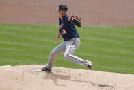 Minnesota Twins starter Kenta Maeda pitches against the Pittsburgh Pirates in the first inning of a baseball game, Thursday, Aug. 6, 2020, in Pittsburgh. (AP Photo/Keith Srakocic)