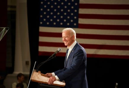 FILE PHOTO: Former U.S. Vice President Joe Biden campaigns with Democratic candidate for U.S. House of Representatives Abby Finkenauer and Democratic candidate for Iowa governor Fred Hubbell in Cedar Rapids, Iowa, U.S., October 30, 2018. REUTERS/KC McGinnis