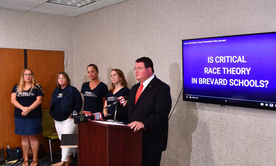 Florida state Rep. Randy Fine, a Republican, and  members of Moms for Liberty claim at a news conference June 25 in Palm Bay that critical race theory is  taught to administrators and teachers to implement in schools.