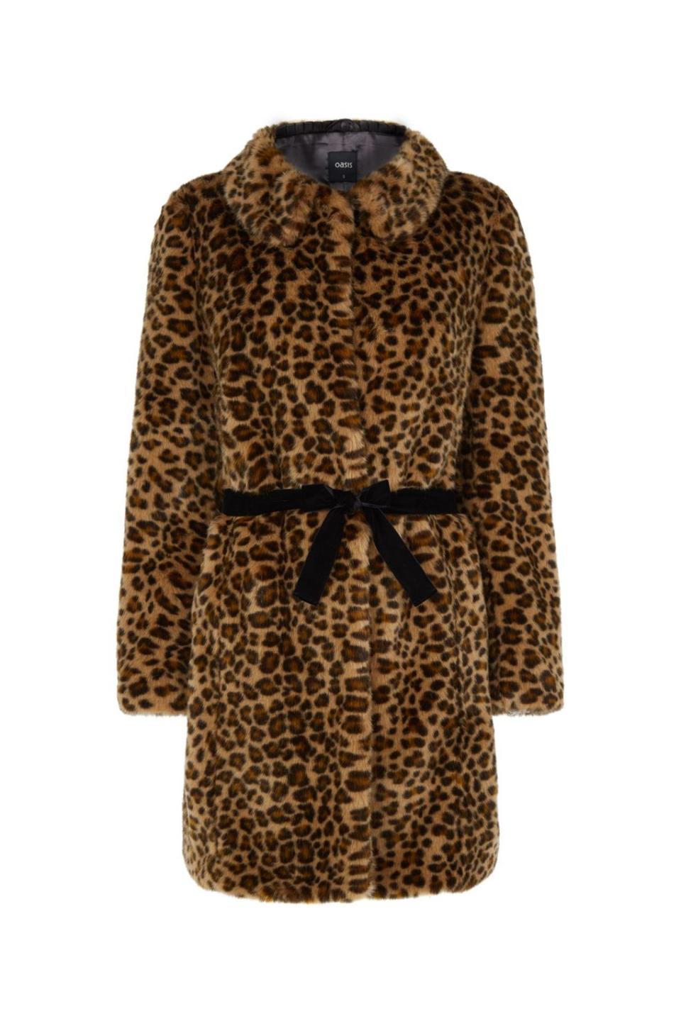 Leopard print faux fur wrap coat