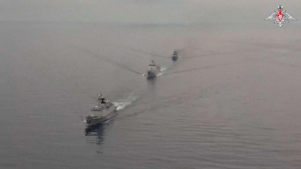 PHOTO: Russia's Defense Ministry's footage of joint naval drills with China in the Bering Sea, shared on Aug. 4, 2023. (Russian Defense Ministry via AP)