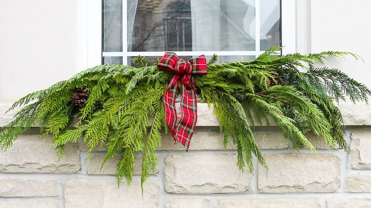 diy christmas window decorations greenery with ribbon