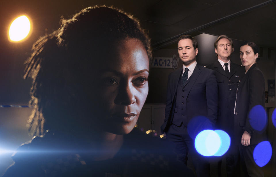 WARNING: Embargoed for publication until 00:00:01 on 12/03/2017 - Programme Name: Line of Duty -  Series 4 - TX: n/a - Episode: n/a (No. n/a) - Picture Shows: Series Iconic
**EMBARGOED UNTIL SUNDAY 12TH MARCH 2017** Detective Chief Inspector Roz Huntley (THANDIE NEWTON), Detective Sergeant Steve Arnott (MARTIN COMPSTON), Superintendent Ted Hastings (ADRIAN DUNBAR), Detective Sergeant Kate Fleming (VICKY McCLURE)           - (C) World Productions - Photographer: Des Willie/ Aidan Monaghan