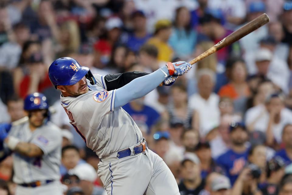 FILE -New York Mets' Pete Alonso plays against the Boston Red Sox during the fourth inning of a baseball game, Saturday, July 22, 2023, in Boston. Baseball’s next free agency class won’t have a two-way star like Shohei Ohtani, and almost certainly no deals like his record-shattering $700 million over 10 years to switch teams in Los Angeles this year. But there could still be All-Star sluggers and Cy Young Award winners available next offseason.(AP Photo/Michael Dwyer, File)