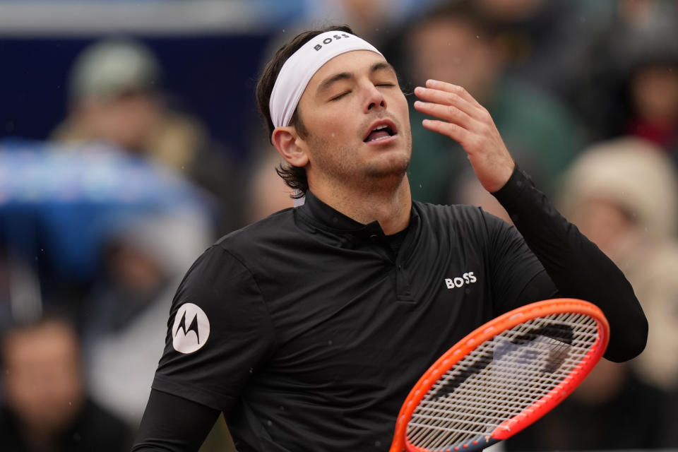Taylor Fritz of the United States reacts during the final match against Jan-Lennard Struff of Germany at the Tennis ATP tournament in Munich, Germany, Sunday, April 21, 2024. (AP Photo/Matthias Schrader)