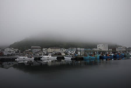 A heavy shroud of morning mist fills a port in Rausu