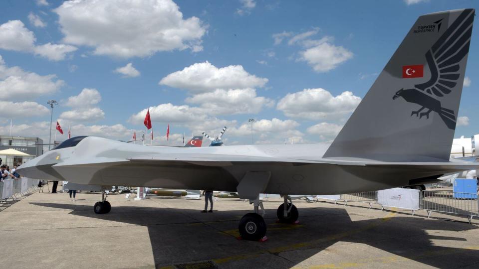 A full-scale model of Turkey's TF-X, or Kaan, is presented at the 2019 Paris Air Show. (Eric Piermont/AFP via Getty Images)