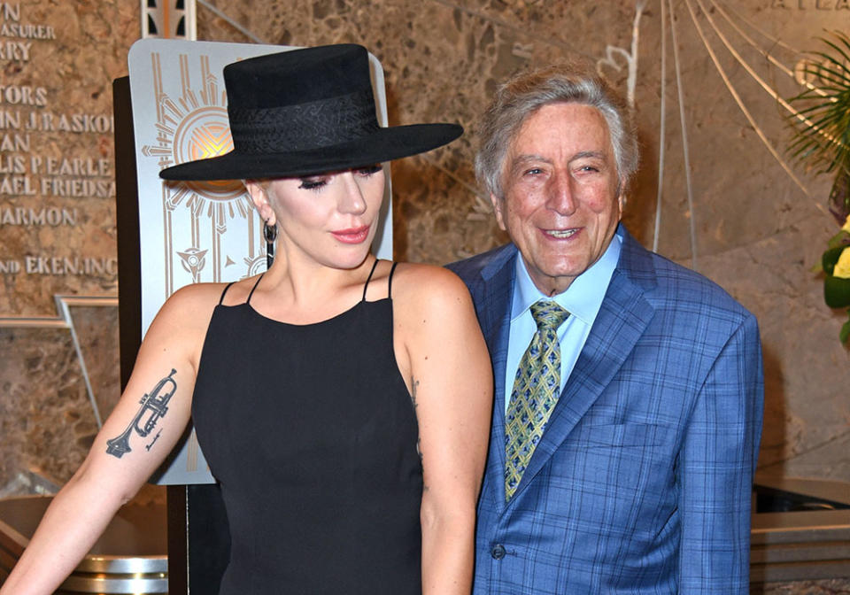 Lady Gaga shows her tattoo designed by Tony Bennett, Tony Bennett out and about for Tony Bennett And Lady Gaga Light The Empire State Building In Honor Of 90 Years Of Bennett’s Musical Legacy, Empire State Building, New York, NY August 3, 2016.