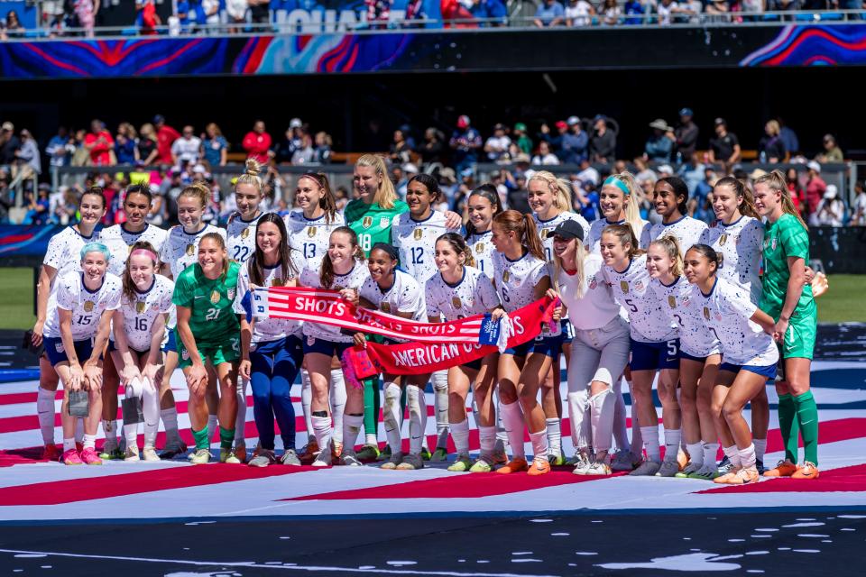 The USWNT poses after the World Cup sendoff game against Wales at PayPal Park.