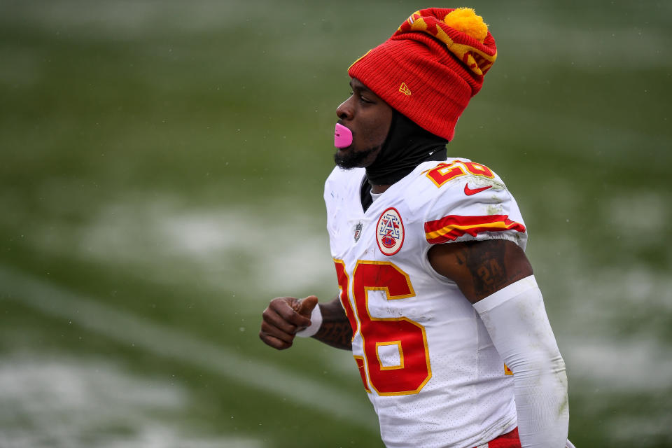 Le'Veon Bell #26 of the Kansas City Chiefs runs off the field at halftime of a game against the Denver Broncos at Empower Field at Mile High on October 25, 2020 in Denver, Colorado. (Photo by Dustin Bradford/Getty Images)