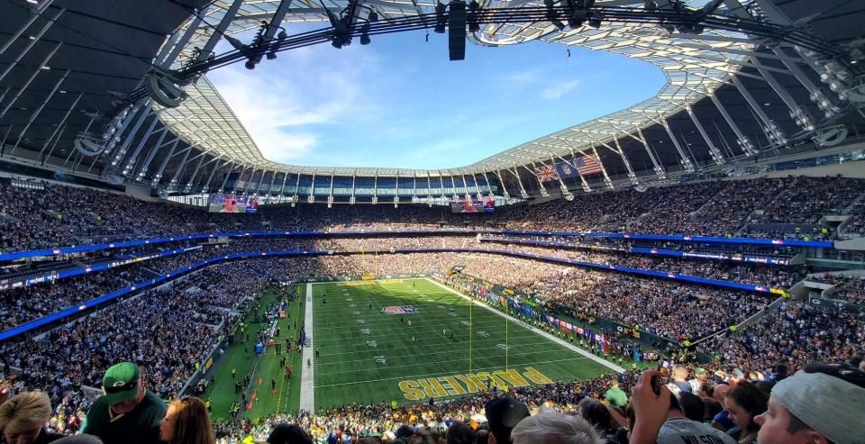 Mike Niefeldt's view in Tottenham Hotspur Stadium, London, for the Green Bay Packers, New York Giants game on Oct. 9, 2022.