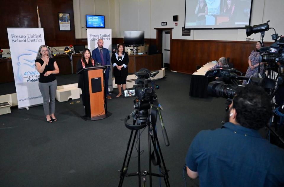Deputy Superintendent Misty Her introduces herself as Fresno Unified’s new incoming Interim Superintendent at a press conference held Wednesday, May 8, 2024 in Fresno. Superintendent Bob Nelson is stepping down effective July 31.