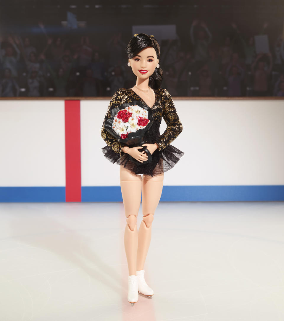 This image provided by Mattel in April 2024 shows the company's Kristi Yamaguchi Barbie doll. Yamaguchi became the first Asian American to win an individual gold medal for figure skating at the 1992 Winter Olympics. (Mattel via AP)