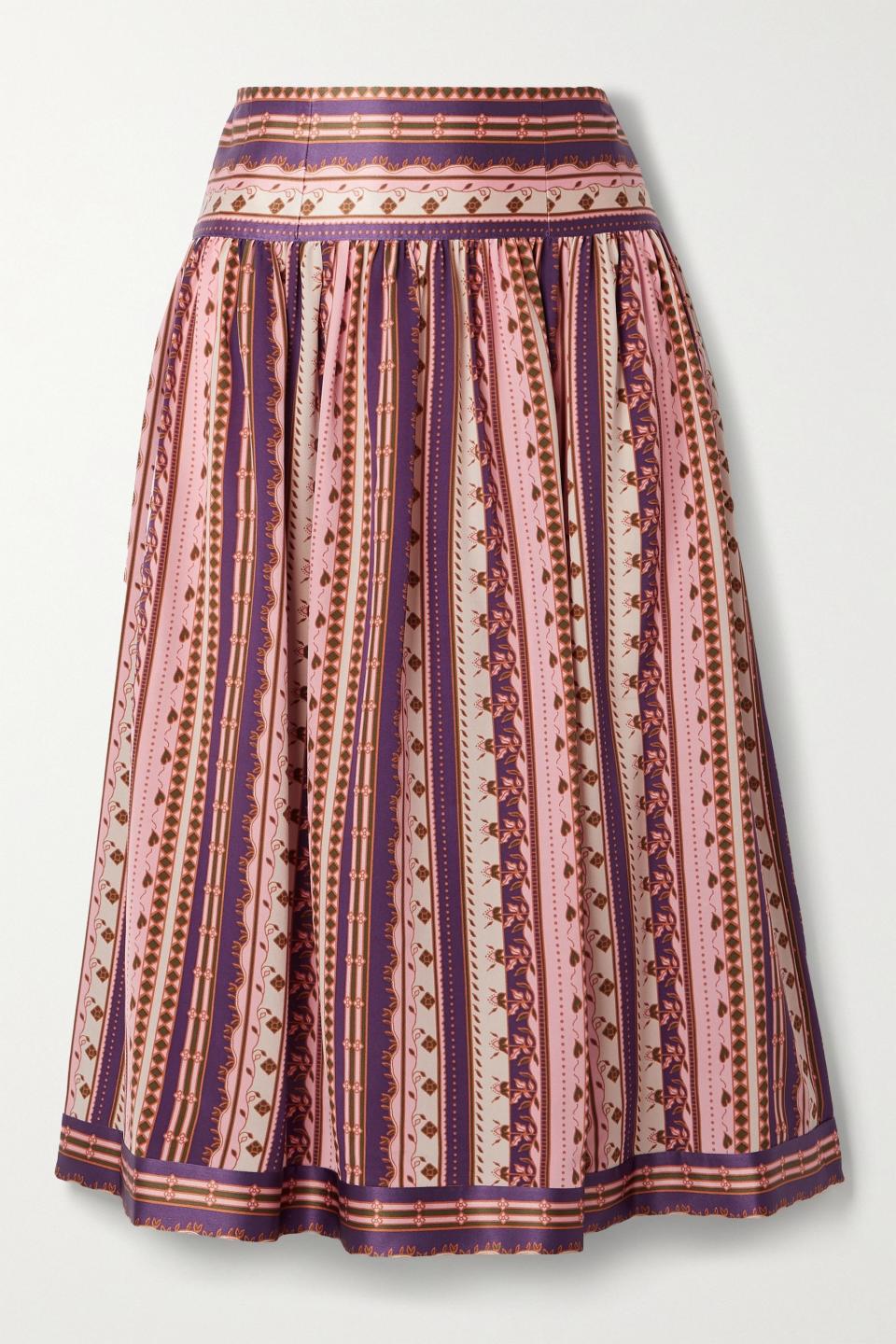 14) Satin-trimmed pleated printed silk crepe de chine midi skirt