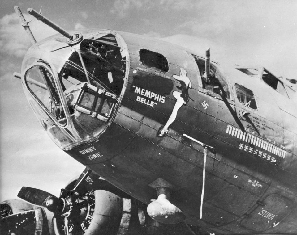 This undated image released by the U.S. Air Force shows the nose of the Boeing B-17F-10-BO "Memphis Belle". The most celebrated American aircraft to emerge from the great war rests these days in a cavernous hangar at a southern Ohio Air Force base undergoing a loving and fastidious restoration _ from its clear plastic nose cone down to the twin .50-caliber machine guns bristling in the tail. (AP Photo/U.S. Air Force)