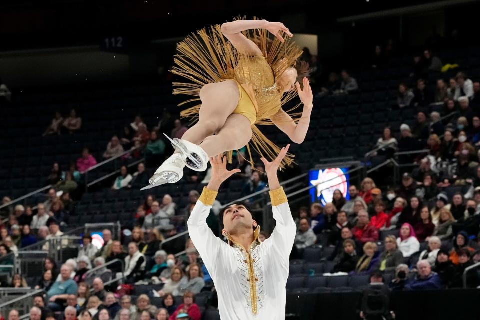 Jan 25, 2024; Columbus, Ohio, USA; Emily Chan and Spencer Howe performs in the championship pairs short program during the 2024 US Figure Skating Championships at Nationwide Arena. Mandatory Credit: Adam Cairns-USA TODAY Sports
