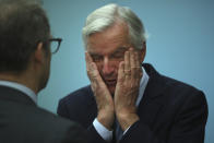 European Union chief Brexit negotiator Michel Barnier attends the weekly EU College of Commissioners meeting at EU headquarters in Brussels, Wednesday, Oct. 16, 2019. European Union and British negotiators have failed to get a breakthrough in the Brexit talks during a frantic all-night session and will continue seeking a compromise on the eve of Thursday's crucial EU summit. (AP Photo/Francisco Seco)