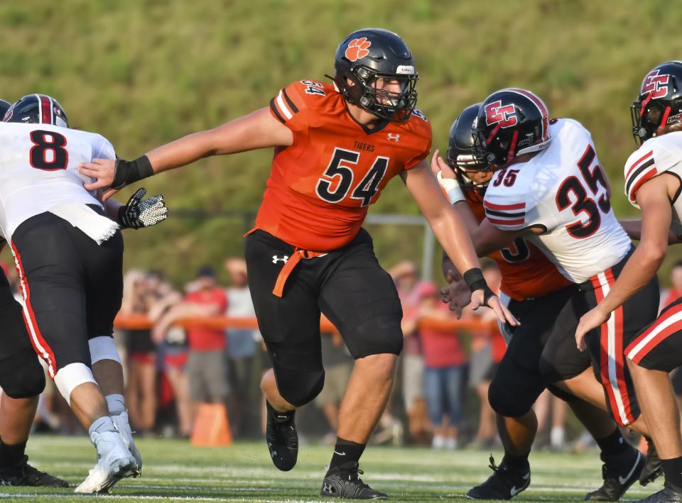 Ashton Craig of Lawrenceburg in action against East Central on Friday, Aug. 20, 2021, at Lawrenceburg High School.