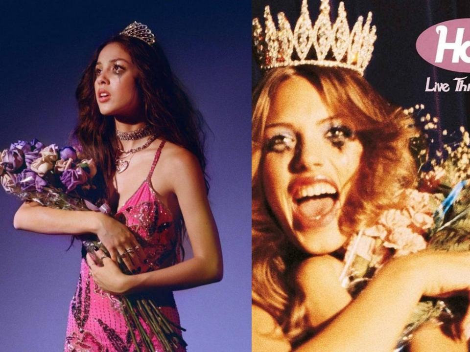 Prom queens: Olivia Rodrigo and, right, the cover of Hole’s 1994 album ‘Live Through This’ (Geffen/DGC Records)