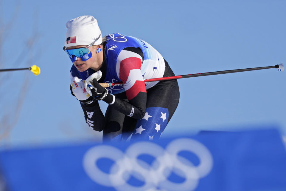 Jessie Diggins competes during the women's team sprint classic cross-country skiing competition at the 2022 Winter Olympics on Feb. 16, 2022, in Zhangjiakou, China. U.S. Ski & Snowboard announced Wednesday, Feb. 15, 2023, that Diggins’ home state of Minnesota will host a World Cup cross country ski event next February — a rare home-course advantage for the Americans. The races will be held at a scenic park in the middle of Minneapolis. (AP Photo/Aaron Favila, File)