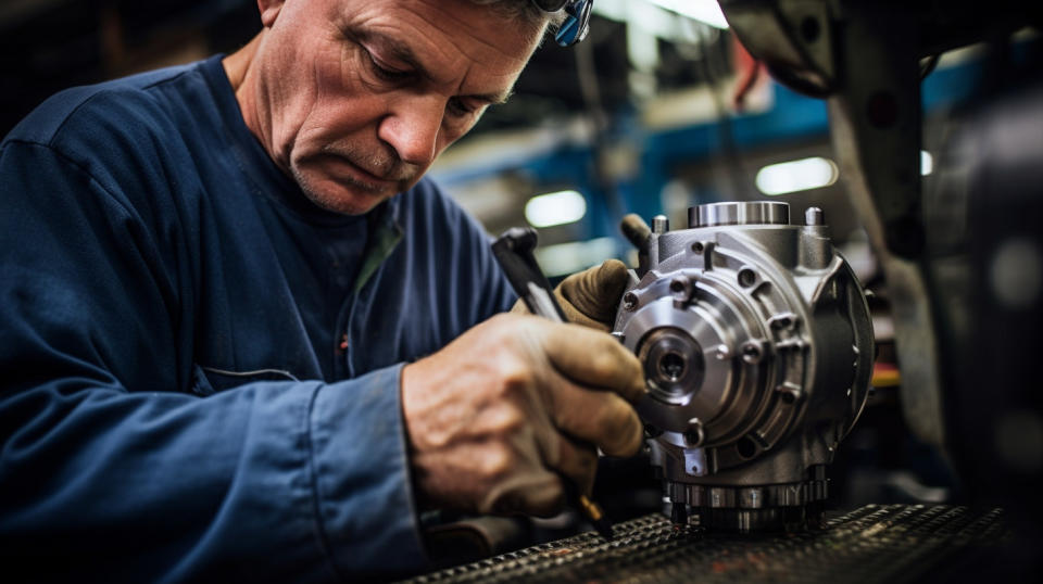 A carpenter installing an aluminum die cast component in the engine of a commercial vehicle.