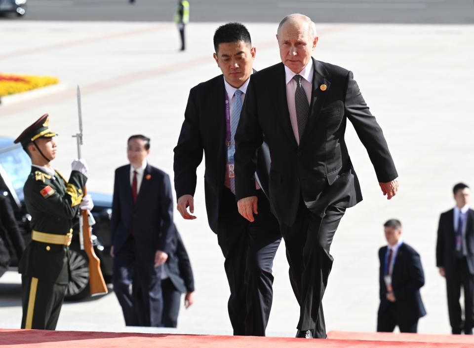 Russian President Vladimir Putin, front right, arrives to attend the Belt and Road Forum in Beijing Wednesday, Oct. 18, 2023. (Dmitry Azarov, Sputnik, Kremlin Pool Photo via AP)