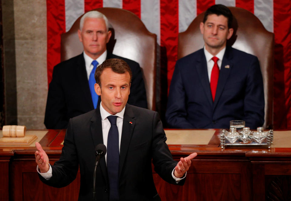 French President Emmanuel Macron addresses a joint meeting of Congress in the House chamber of the U.S. Capitol in Washington, U.S., April 25, 2018. REUTERS/Brian Snyder