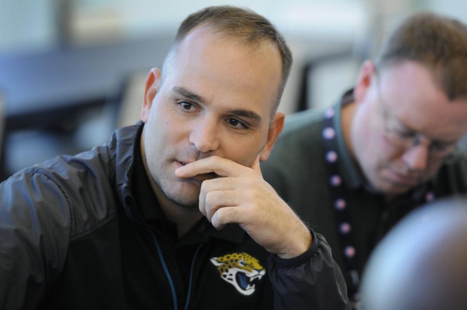 Jaguars general manager Dave Caldwell talks with members of the press during a press conference on April 21, 2017.