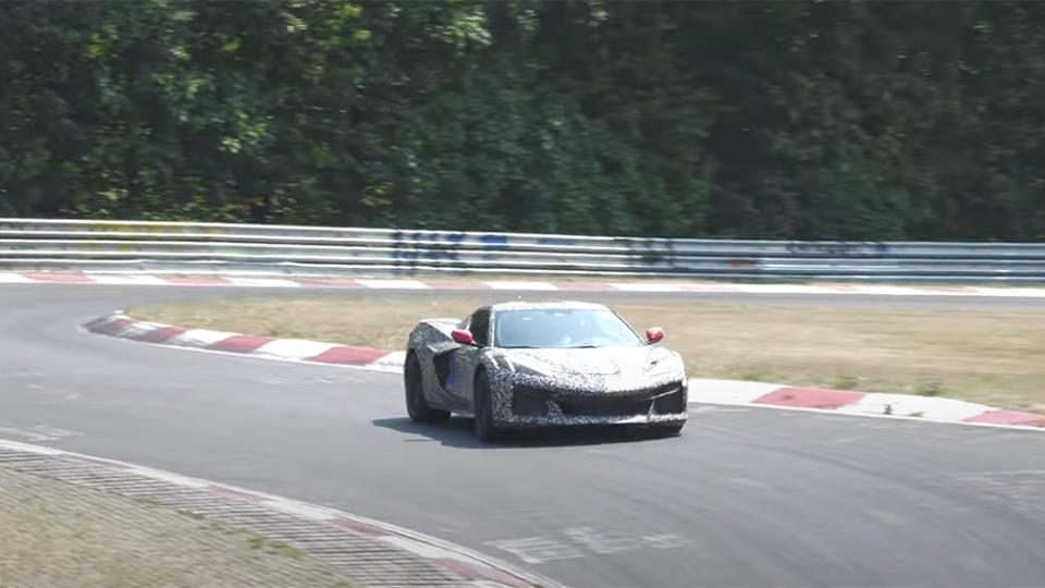 The Chevrolet C8 Corvette hybrid undergoing track testing at the Nürburgring - Credit: CarSpyMedia/YouTube