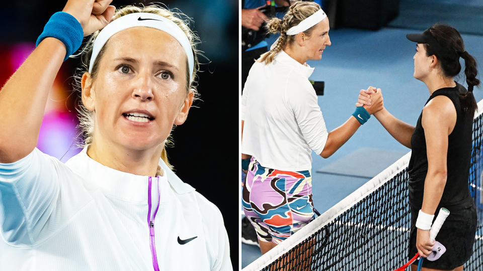 Victoria Azarenka, pictured here after her win over Zhu Lin at the Australian Open.