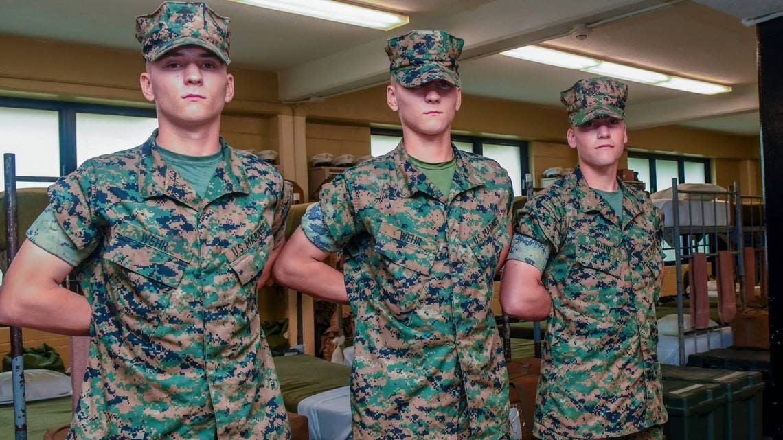 The Wehr brothers are triplets who went through The Crucible together in Echo Company at Marine Corps Recruit Depot Parris Island. Pictured from left are identical twins Connor and Matthew and fraternal twin Griffin photographed in the barracks on Tuesday, Sept. 26, 2023, on Parris Island, S.C.