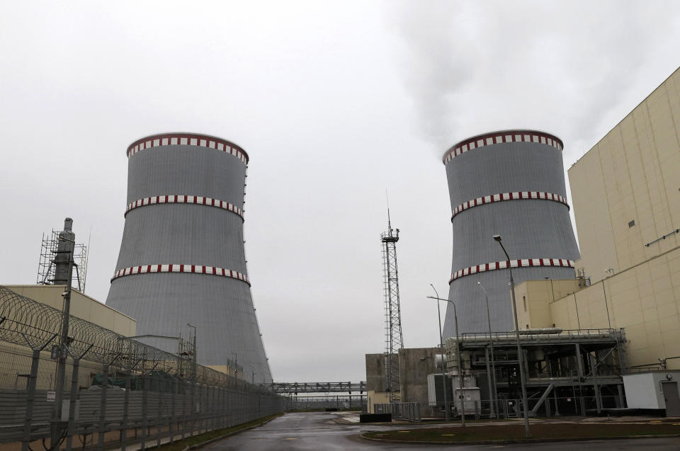 General view of the first Belarusian Nuclear Power Plant during the plant's power launch event outside the city of Astravets, Belarus, Saturday, Nov. 7, 2020. Alexander Lukashenko on Saturday formally opened the country's first nuclear power plant, a project sharply criticized by neighboring Lithuania. Lukashenko said the launch of the Russian-built and -financed Astravyets plant "will serve as an impetus for attracting the most advanced technologies to the country and innovative directions in science and education." (Maxim Guchek/BelTA Pool Photo via AP)