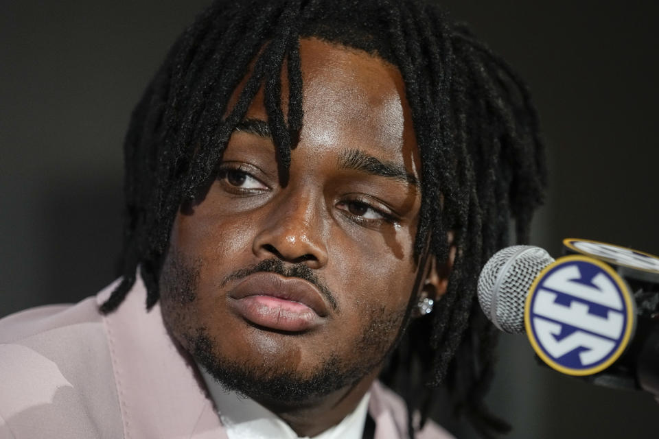 Alabama linebacker Dallas Turner responds to questions during NCAA college football Southeastern Conference Media Days, Wednesday, July 19, 2023, in Nashville, Tenn. (AP Photo/George Walker IV)