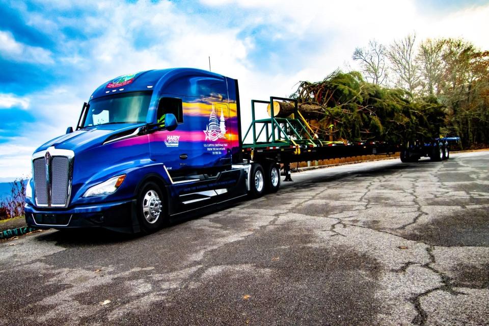 The U.S. Capitol Christmas Tree making its way from the Pisgah National Forest to the Western North Carolina Agriculture Center along the iconic Blue Ridge Parkway.