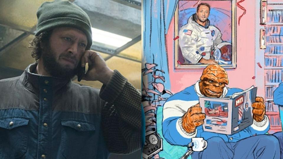 Ebon Moss-Bachrach in the Punisher as Micro (L) and concept art of him as the Thing/Ben Grimm in the Fantastic Four.