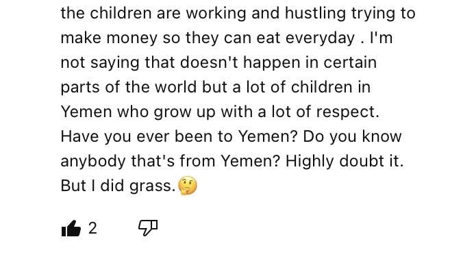 Text from an online comment discussing children in Yemen, questioning the reader's knowledge about Yemen and then saying "but I did grass" instead of "but I digress"