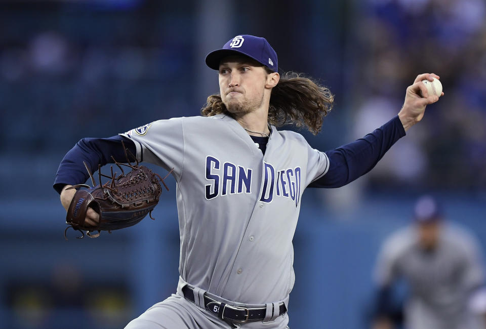 San Diego Padres starting pitcher Matt Strahm throws to the plate during the first inning of a baseball game against the Los Angeles Dodgers on Wednesday, May 15, 2019, in Los Angeles. (AP Photo/Mark J. Terrill)