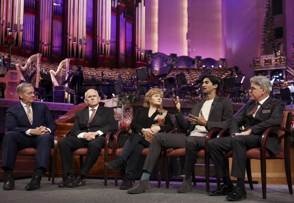 Mike Leavitt, president of the Tabernacle Choir at Temple Square, Mack Wilberg, music director of the choir, Lesley Nicol, Michael Maliakel and Ron Gunnell, global envoy to the choir presidency, speak about the Tabernacle Choir and Orchestra at Temple Square’s 2023 Christmas concert at the Conference Center of The Church of Jesus Christ of Latter-day Saints in Salt Lake City on Friday, Dec. 15, 2023. | Laura Seitz, Deseret News
