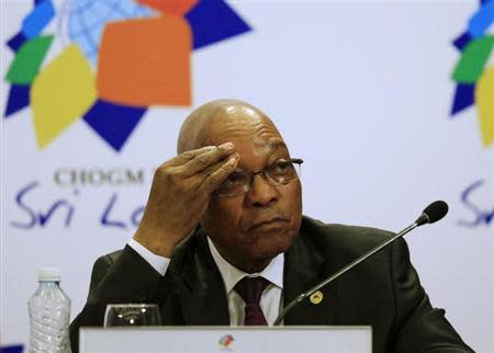 South African President Jacob Zuma reacts during a news conference at the Commonwealth Heads of Government Meeting (CHOGM) in Colombo November 17, 2013. REUTERS/Dinuka Liyanawatte