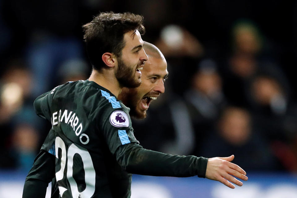 The Silvas: Bernardo Silva (L) celebrates with David Silva (R) following David’s goal for Manchester City on Wednesday night.