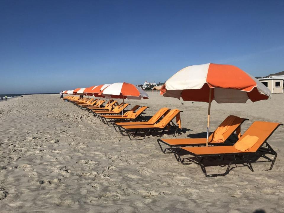 Lounge chairs line the beach in Cape May.