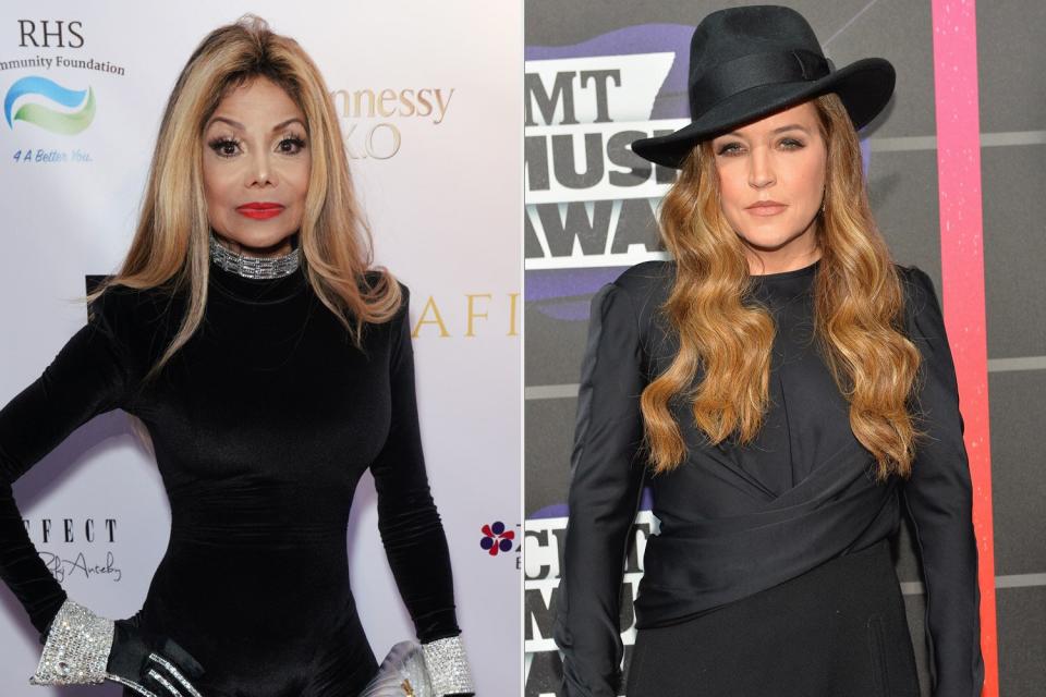 HOLLYWOOD, CALIFORNIA - OCTOBER 20: La Toya Jackson attends Gladys Knight's 75th birthday party on October 20, 2019 in Hollywood, California. (Photo by JC Olivera/Getty Images); NASHVILLE, TN - JUNE 05: Lisa Marie Presley attends the 2013 CMT Music awards at the Bridgestone Arena on June 5, 2013 in Nashville, Tennessee. (Photo by Rick Diamond/Getty Images)