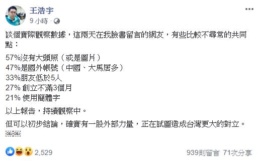 民進黨議員王浩宇的臉書就遭到許多網友攻擊，讓他發文表示其中的可疑之處。（圖／翻攝自王浩宇臉書）