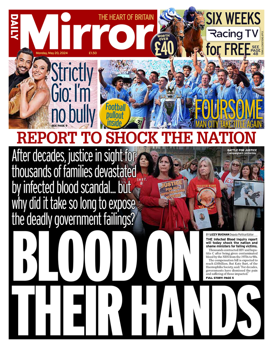 The headline on the front page of the Daily Mirrior reads: "Blood on their hands. Report to shock the nation"